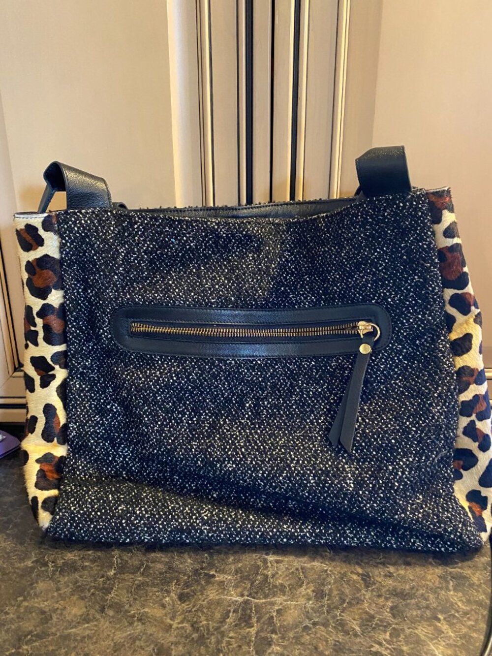 Clever Carriage Company Black Tweed Tote/Purse With Leopard Side Panels - Picture 2 of 5